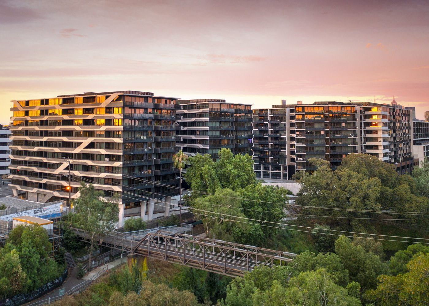 Icon apartment development at dusk