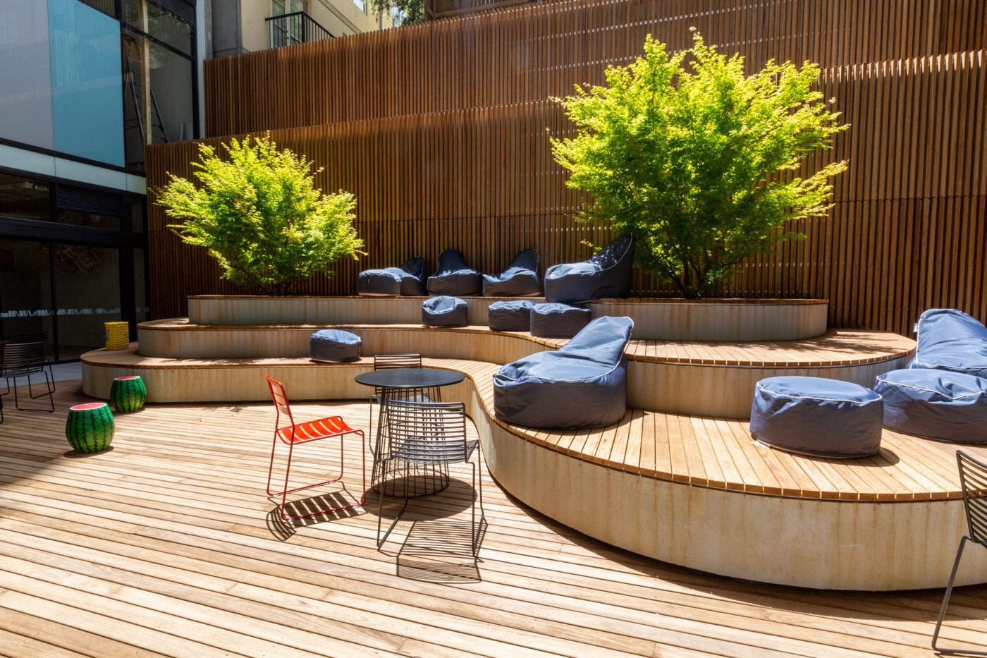 A landscaped outdoor courtyard at a completed Icon building