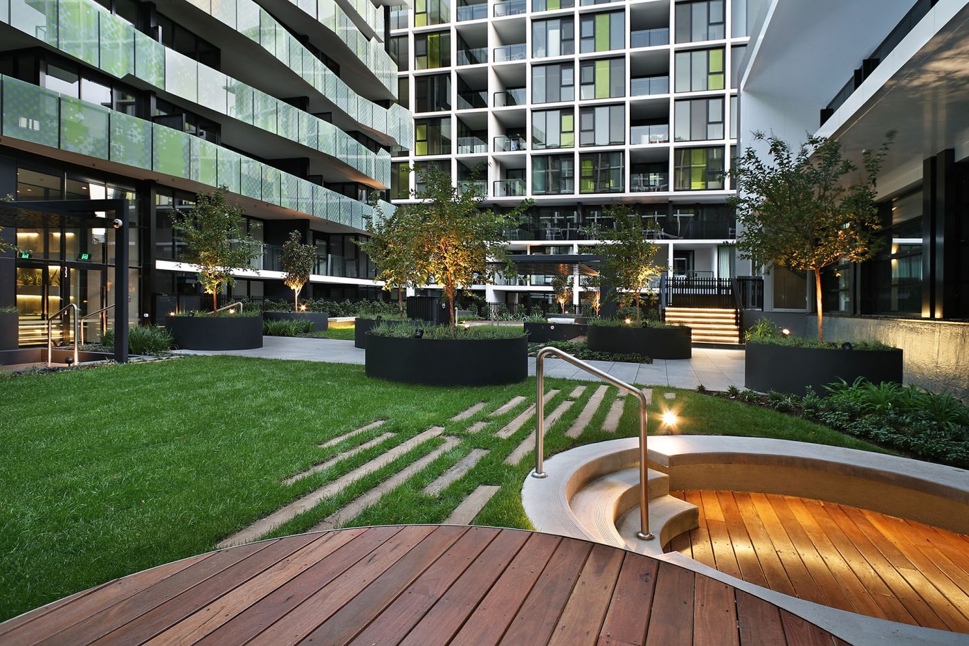 A landscaped residential courtyard at an Icon project